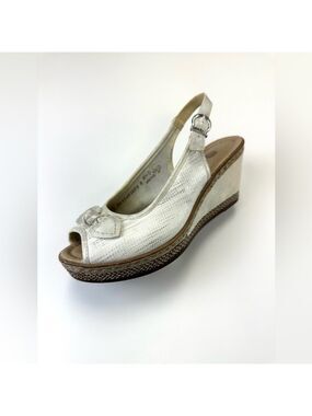 Remonte White Leather Peep Toe Slingback Wedge Sandals Womens Size 37 EU Comfort